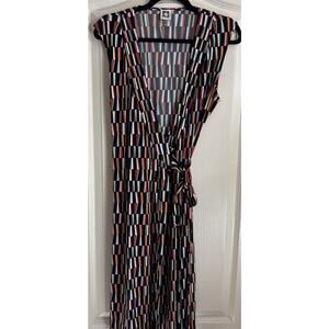 Anne Klein - Women’s Wrap Dress Geometric Print Red Black Sleveless, Size 10